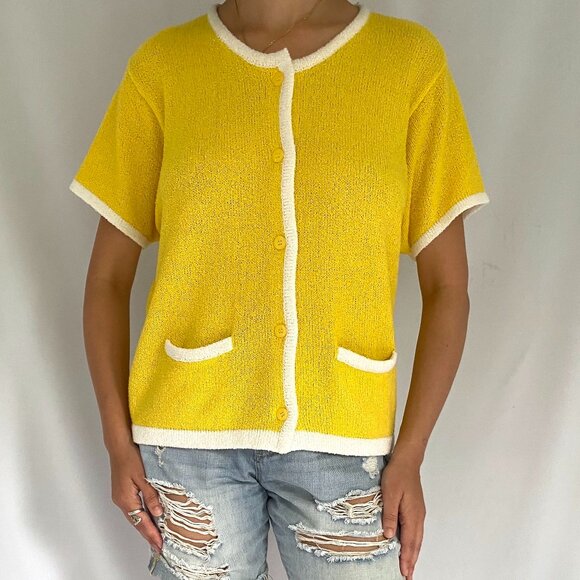 90s vintage yellow knit beach vacation slouchy fun short sleeved button up shirt - Picture 1 of 8